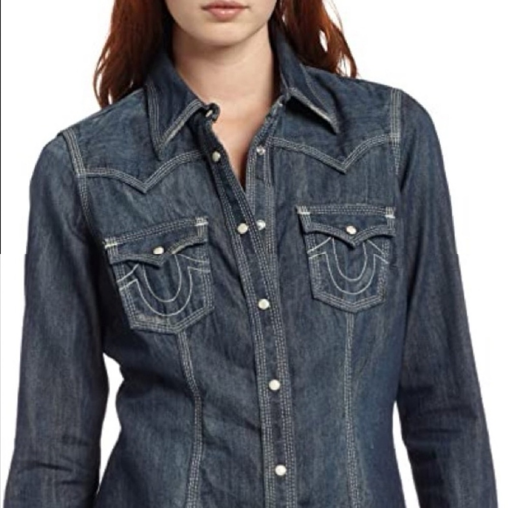 NWOT True Religion Western Style Denim Dark Blue Fitted Shirt Top Size S